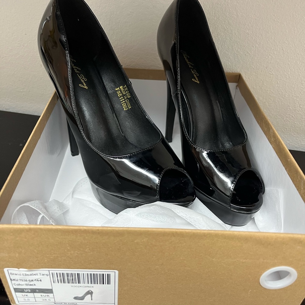 Black Patent Peep-Toe Platform Stiletto Heels Elisabet Tang